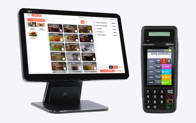 POSSAFE dokunmatik POS bilgisayarında Orderly adisyon ekranı, yanında Ingenico Move/5000F yazarkasa POS