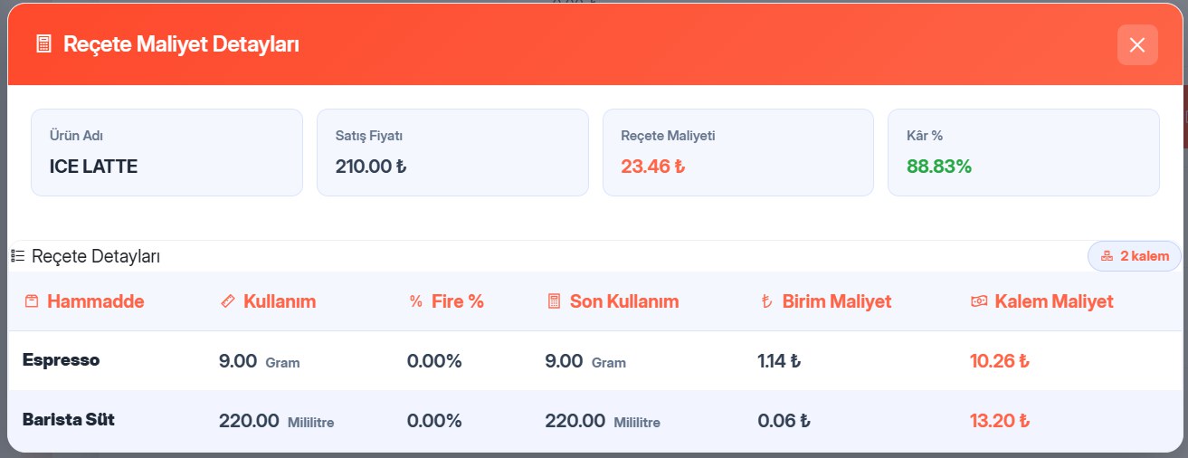 Reçete seçenek tanımlama ekranı