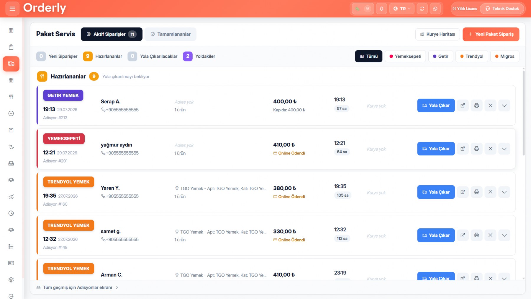 Paket servis ekranı — platform etiketleriyle gelen siparişler